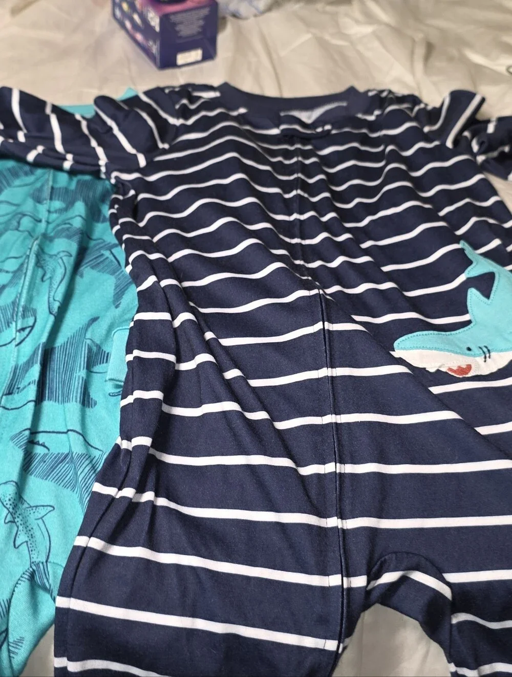 2 Set Carter's Navy & White Striped Shark Pajama Set/ Teal W/ Shark Print